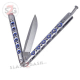 Classic 6 Hole Butterfly Knife w/ Spring Latch Balisong Sandwich Version Weehawk - Silver w/ Blue Holes