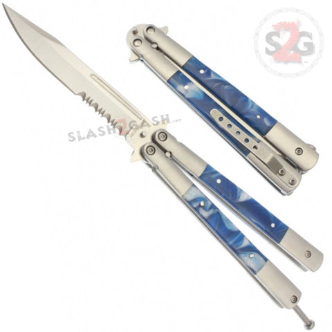 Marble Butterfly Knife Pearl Swirl Serrated Balisong - Blue Acrylic w/ Pocket Clip