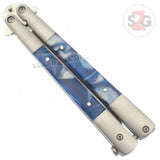Marble Butterfly Knife Pearl Swirl Serrated Balisong - Blue Acrylic w/ Pocket Clip