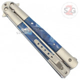 Marble Butterfly Knife Pearl Swirl Serrated Balisong - Blue Acrylic w/ Pocket Clip