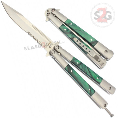 Marble Butterfly Knife Pearl Swirl Serrated Balisong - Green Acrylic w/ Clip
