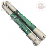 Marble Butterfly Knife Pearl Swirl Serrated Balisong - Green Acrylic w/ Clip