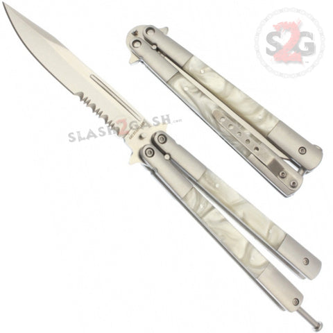 Marble Butterfly Knife Pearl Swirl Serrated Balisong - White Acrylic w/ Clip