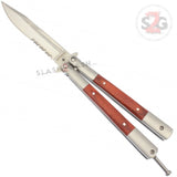 Rosewood Butterfly Knife Serrated Balisong Red Wood Inserts w/ Belt Clip