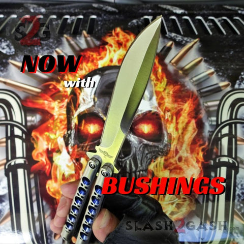 TheONE Butterfly Knife with BUSHINGS 440C Channel Balisong - Satin 42 with Blue Holes and Spring Latch