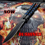 TheONE Butterfly Knife 440C Channel Balisong w/ BUSHINGS - Black 42 Blue Holes and Spring Latch