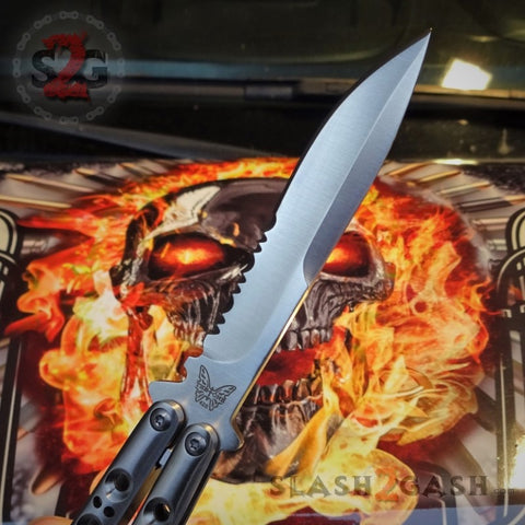 TheONE Butterfly Knife 440C BM42 Serrated Slash2Gash S2G Best Version Channel Construction Balisong Spring Latch