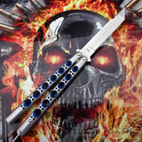 TheONE Butterfly Knife 440C Tanto Blue Holes Balisong Channel Construction Best Version Spring Latch