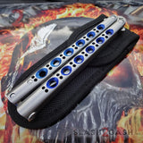 TheONE Butterfly Knife Trainer w/ BUSHINGS Practice Balisong - Blue Holes - Safety Dull - Training No Edge