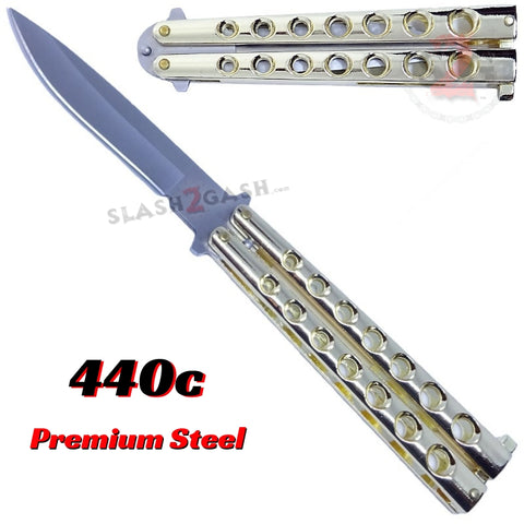 Shiny Gold Butterfly Knife Classic 7 Hole 440c Premium Steel Riveted Flip Balisong