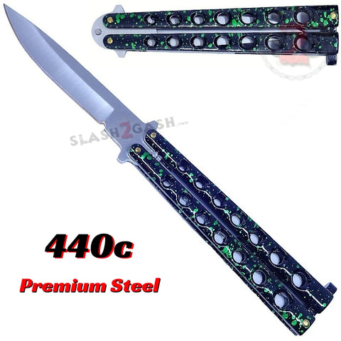 Marble Green Butterfly Knife Classic 7 Hole 440c Premium Steel Riveted Flip Balisong