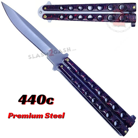 Marble Red Butterfly Knife Classic 7 Hole 440c Premium Steel Riveted Flip Balisong