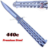 Silver Butterfly Knife Classic 7 Hole 440c Premium Steel Riveted Flip Balisong - Shiny