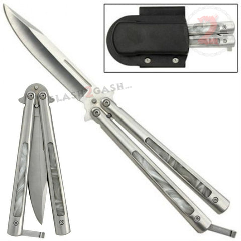 White Pearl Butterfly Knife Marble Swirl Balisong - Plain Edge w/ Plastic Sheath