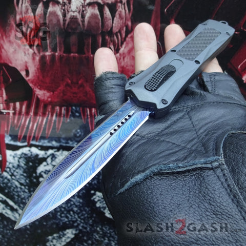 Spartan OTF Knife Grey w/ Blue Spectrum Carbon Fiber - Spear - S2G Tactical Switchblade Knives *Limited Edition*