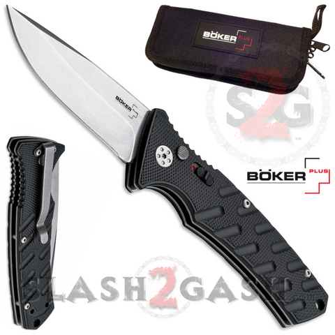 Boker Plus Strike Automatic Knife Black - Drop Point Stone Wash Switchblade w/ Carry Case slash2gash S2G