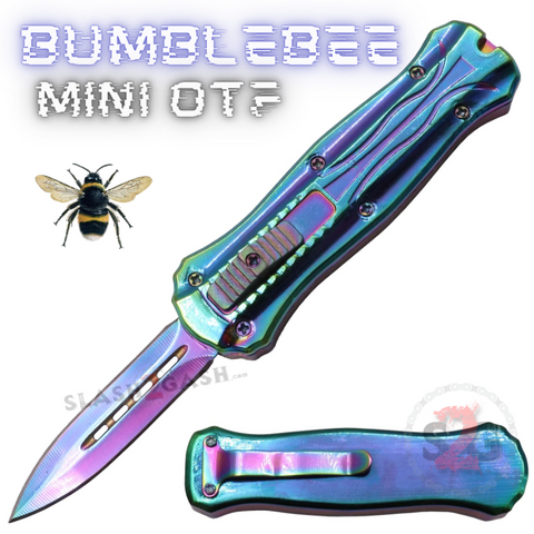 Titanium Rainbow Mini Out The Front Knife Small Automatic Switchblade Knives California Legal - Dagger Bumble Bee