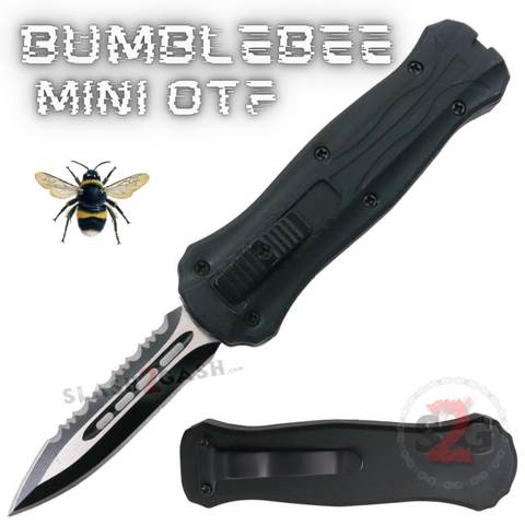 Black Mini Out The Front Knife Small Automatic Switchblade Knives California Legal - Dagger Combo Blade Plain Edge  Serrated Bumble Bee