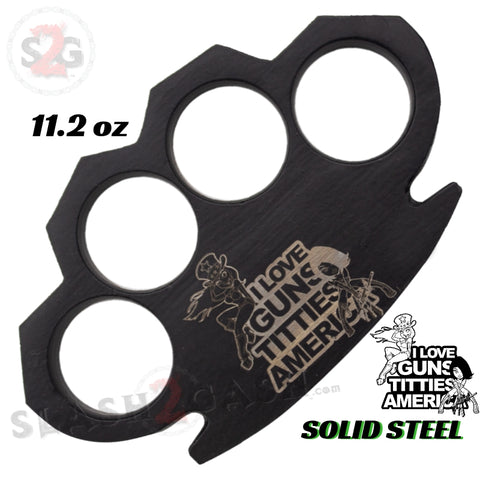 I Love Guns, Titties and America - Steam Punk Knuckles Solid Black Steel Paper Weight - 11.2 oz Heavy Knuckle Duster