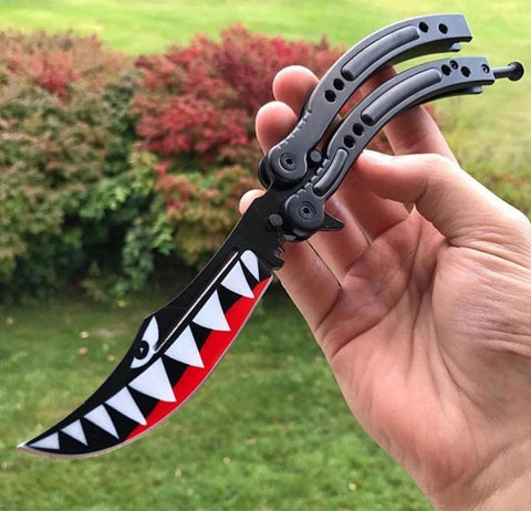 CSGO Spit Fire Shark Bomber Butterfly Knife SHARP Balisong - Black