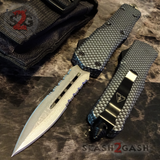 Real Damascus OTF Knife Carbon Fiber D/A Switchblade - Delta Force Automatic Knives - Dagger Serrated Slash2gash S2G