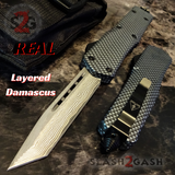 Real Damascus OTF Knife Carbon Fiber D/A Switchblade - Delta Force Automatic Knives Tanto Plain