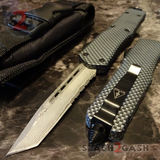 Real Damascus OTF Knife Carbon Fiber D/A Switchblade - Delta Force Automatic Knives Tanto Serrated