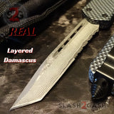 Real Damascus OTF Knife Carbon Fiber D/A Switchblade - Delta Force Automatic Knives Tanto Serrated