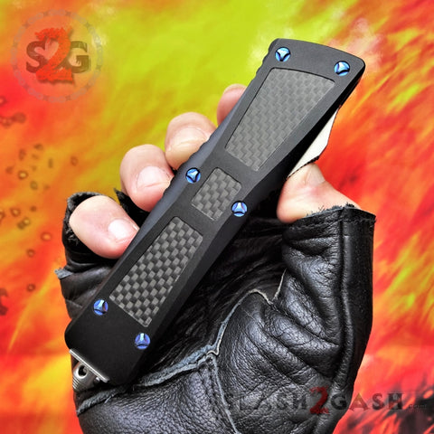 Dark Knight VG-10 OTF Knife Carbon Fiber Blue Screws - Tanto Extreme Automatic Switchblade