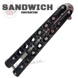 Classic Balisong Trainer 6 Hole Butterfly Knife Training Practice (RIVETED) dull - Black and Silver Sandwich