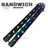 Classic Balisong Trainer 6 Hole Butterfly Knife Training Practice (RIVETED) dull - Black and Rainbow Sandwich