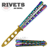Classic Balisong Trainer 6 Hole Butterfly Knife Training Practice (RIVETED) dull - Rainbow and Gold Sandwich