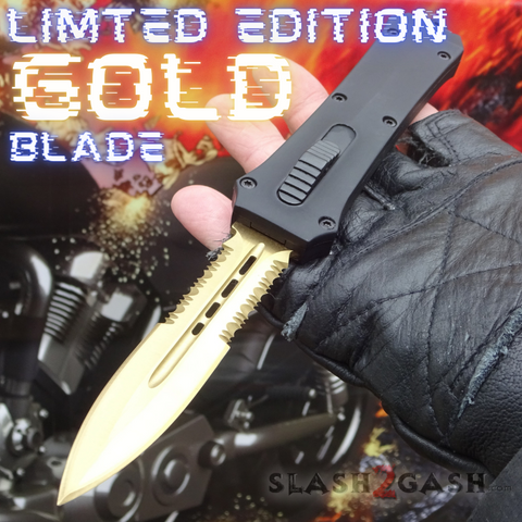 Gold Blade OTF Knife Crypt Keeper Dual Action Black Automatic S2G Tactical Switchblade Knives Dagger Serrated