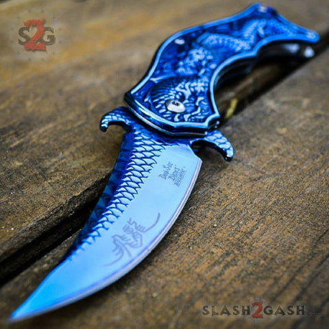 Dragon Blue Mirror Spring Assisted Knife w/ 3D Engraved Scales Dark Side