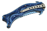 Dragon Blue Mirror Spring Assisted Knife w/ 3D Engraved Scales Dark Side