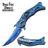 Dragon Blue Mirror Spring Assisted Knife w/ 3D Engraved Scales Dark Side