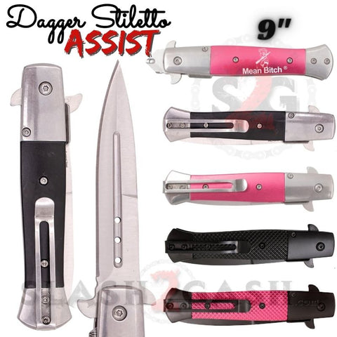Dagger Stiletto Knife Spring Assisted Pocket Knives 9" Milano Black Pink Aluminum Diamondgrip Mean Bitch