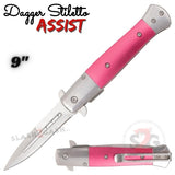 Pink Dagger Spring Assist Stiletto Knives Slim Pocket Knife Silver Blade
