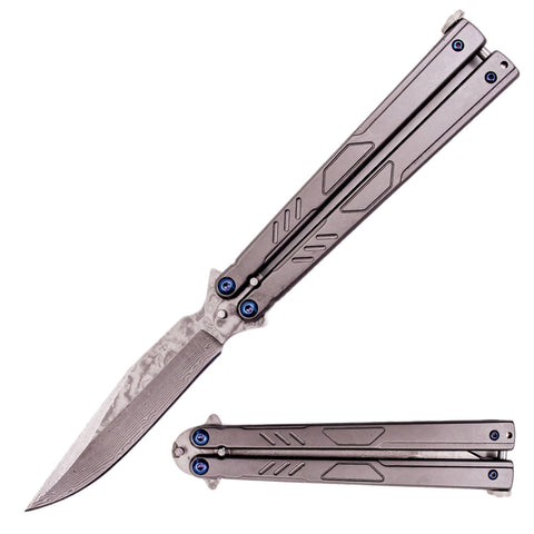 Damascus Butterfly Knife Gun Metal Balisong w/ Ball Bearings - Bowie blue screws