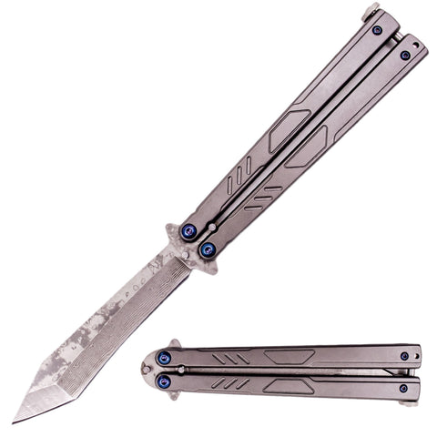 Damascus Butterfly Knife Gun Metal Balisong w/ Bearings - Reverse Tanto