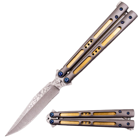 Damascus Butterfly Knife Real Brass Liners Balisong w/ Bearings - Bowie