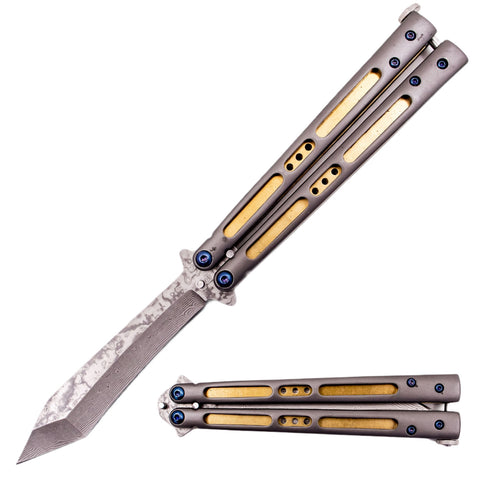 Real Damascus Balisong Brass Liners Butterfly Knife w/ Bearings - Reverse Tanto