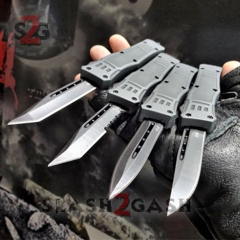 Grey Commando OTF Knife Small 7" Delta Force Switchblade - Black D2 - Gray Automatic Knives slash2gash S2G