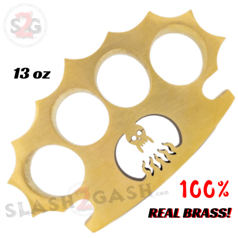 Real Brass Skull Knuckle Spiked Paperweight Duster w/ Flames - 13oz