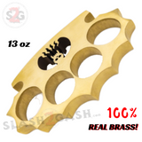 Real Brass Skull Knuckle Spiked Paperweight Duster w/ Flames - 13oz