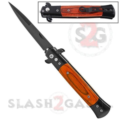 Black Rosewood Stiletto Knife Diablo Milano Automatic Switchblade Knives 9" - Wood Grain