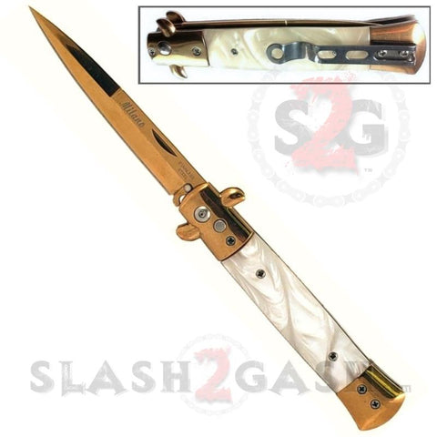 Diablo Stiletto Automatic Knife Milano Switchblade - Gold Marble White Pearl