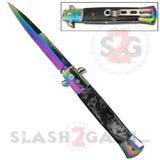 Diablo Stiletto Knife Milano Automatic Switchblade Knives 9" - Rainbow Titanium Marble Black Pearl