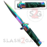Diablo Stiletto Knife Milano Automatic Switchblade Knives 9" - Rainbow Titanium Marble Green Pearl