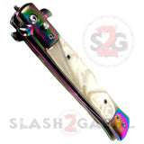 Diablo Stiletto Knife Milano Automatic Switchblade Knives 9" - Rainbow Titanium Marble White Pearl